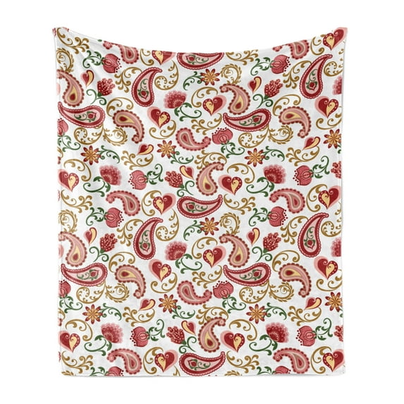 Paisley Soft Flannel Fleece Throw Blanket, Style Rose and Swirled Floret Buds Bohemian Lady Feminine Art Print, Cozy Plush for Indoor and Outdoor Use, 50" x 60", Red and Pale Pink, by Ambesonne