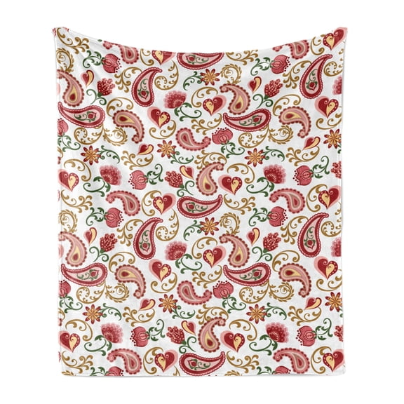 Paisley Soft Flannel Fleece Throw Blanket, Style Rose and Swirled Floret Buds Bohemian Lady Feminine Art Print, Cozy Plush for Indoor and Outdoor Use, 70" x 90", Red and Pale Pink, by Ambesonne