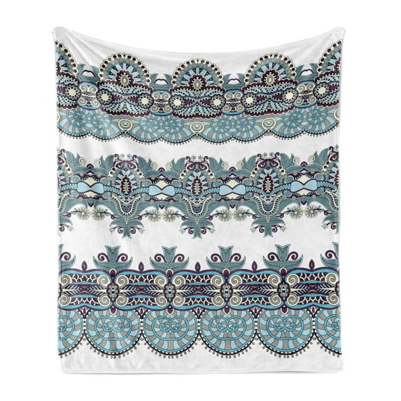 Paisley Soft Flannel Fleece Throw Blanket, Traditional Floral Bordered Triplet Design with Stripes Dots and Circles, Cozy Plush for Indoor and Outdoor Use, 50" x 60", Blue and White, by Ambesonne