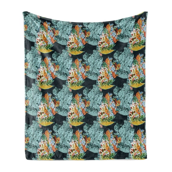 Paisley Soft Flannel Fleece Throw Blanket, Unusual Oriental Leaf Floral Like Motifs with Peacocks on Image Print, Cozy Plush for Indoor and Outdoor Use, 50" x 70", Blue and Orange, by Ambesonne