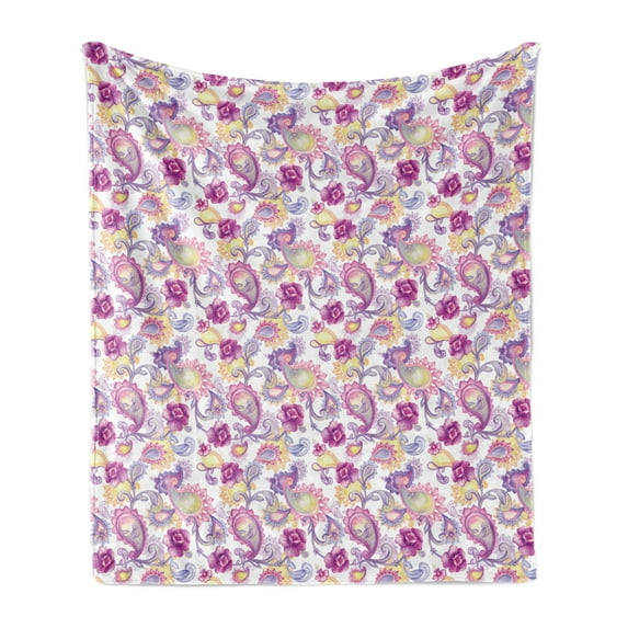 Paisley Soft Flannel Fleece Throw Blanket, Watercolor Painting Look Peony Flowers Traditional Design, Cozy Plush for Indoor and Outdoor Use, 70" x 90", Magenta Purple Yellow, by Ambesonne