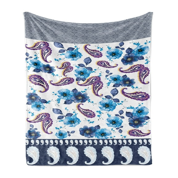 Paisley Soft Flannel Fleece Throw Blanket, Watercolor Spring Petals and Oriental Motifs Pattern, Cozy Plush for Indoor and Outdoor Use, 50" x 60", Azure Blue Multicolor, by Ambesonne