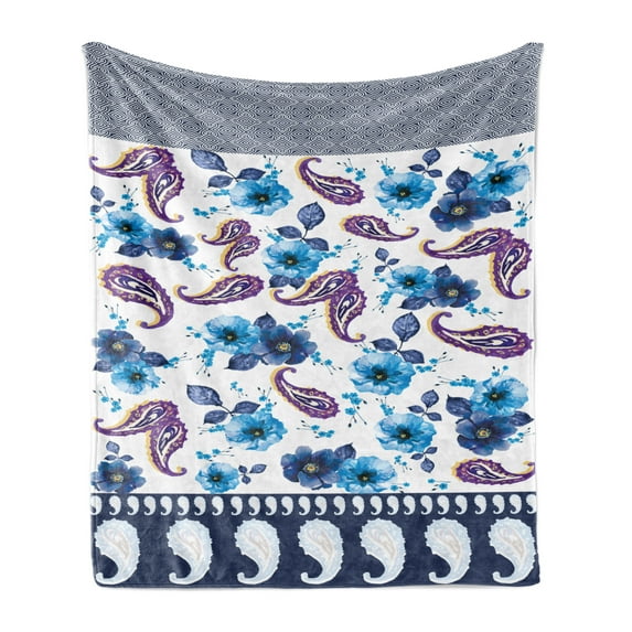 Paisley Soft Flannel Fleece Throw Blanket, Watercolor Spring Petals and Oriental Motifs Pattern, Cozy Plush for Indoor and Outdoor Use, 50" x 70", Azure Blue Multicolor, by Ambesonne