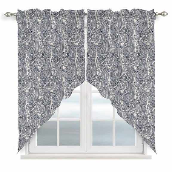 Paisley Swag Valances for Windows, Kitchen Curtains 36 Inch Length 2 Panels Set, Vintage Mediterranean Abstract Texture Gray Blue Short Curtains for Small Windows Rod Pocket Cafe Curtains 28"x36"