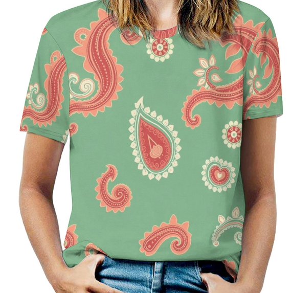 Paisley T-Shirt O Neck Retro Print Big Size T-Shirts Short Sleeve Tees Womens Pretty Design