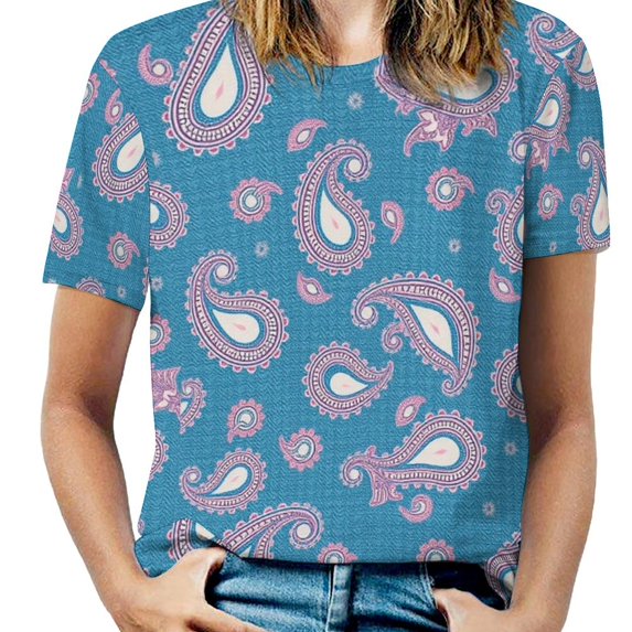 Paisley T-Shirt O Neck Retro Print Big Size T-Shirts Short Sleeve Tees Womens Pretty Design