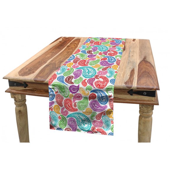 Paisley Table Runner, Modern Teardrop Shaped Striped Oriental Pattern with Flowers and Leaves Art, Dining Room Kitchen Rectangular Runner, 3 Sizes, by Ambesonne