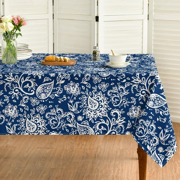 Paisley Tablecloth 60x84 Inch Rectangular, Seasonal Blue Floral Washable Seasonal Table Cover for Party Picnic Dinner Decor