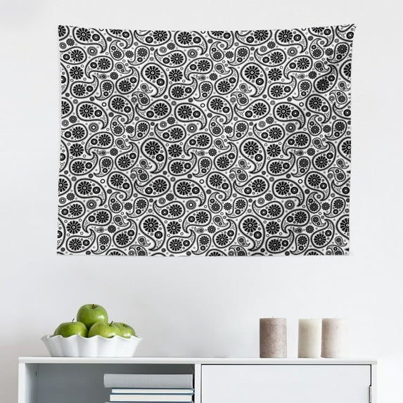 Paisley Tapestry, Design in Different Types with Flowers Circles and Tiny Teadrops Detailed Art, Fabric Wall Hanging Decor for Bedroom Living Room Dorm, 2 Sizes, Grey and Black, by Ambesonne