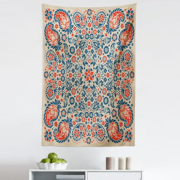Paisley Tapestry, Floral Ornate Pattern Cultural Folk Persian Middle Eastern, Fabric Wall Hanging Decor for Bedroom Living Room Dorm, 5 Sizes, Night Blue Orange Tan, by Ambesonne