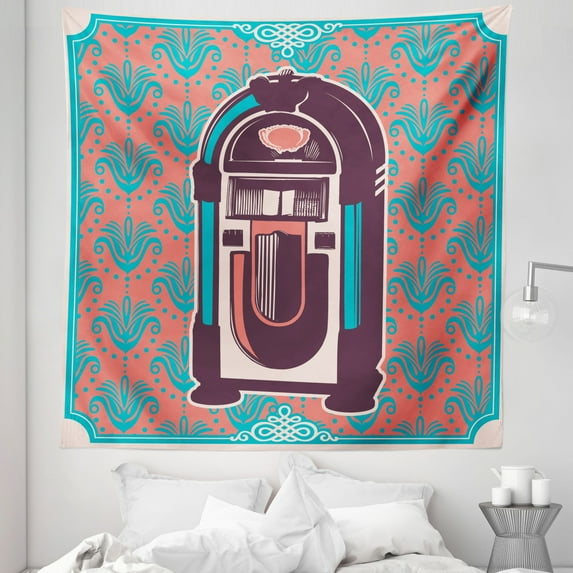 Paisley Tapestry, Floral Paisley Inspired Backdrop with Music Box Retro Party Print, Fabric Wall Hanging Decor for Bedroom Living Room Dorm, 5 Sizes, Dried Rose Turquoise, by Ambesonne