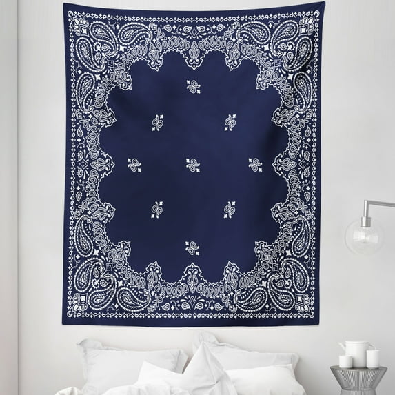 Paisley Tapestry, Pattern with Middle Eastern Influences Image, Fabric Wall Hanging Decor for Bedroom Living Room Dorm, 5 Sizes, Dark Blue White, by Ambesonne
