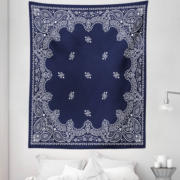 Paisley Tapestry, Pattern with Middle Eastern Influences Image, Fabric Wall Hanging Decor for Bedroom Living Room Dorm, 5 Sizes, Dark Blue White, by Ambesonne