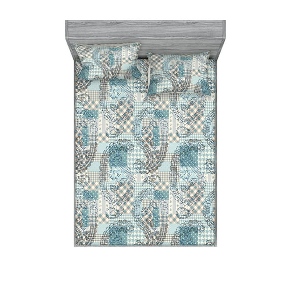 Paisley Themed Fitted Sheet & Pillow Sham Set, Contemporary Delicate Floral Pattern with Geometric Checkered Art, Decorative Printed 3 Piece Bedding Decor, King, Mint Green Warm Taupe, by Ambesonne