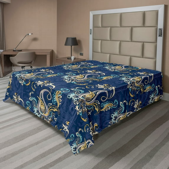 Paisley Themed Flat Sheet, Eastern Vibes Traditional Floral Boho Motifs with Lines Print, Soft Comfortable Top Sheet Decorative Bedding 1 Piece, King Size, Dark Indigo Mustard Cream, by Ambesonne