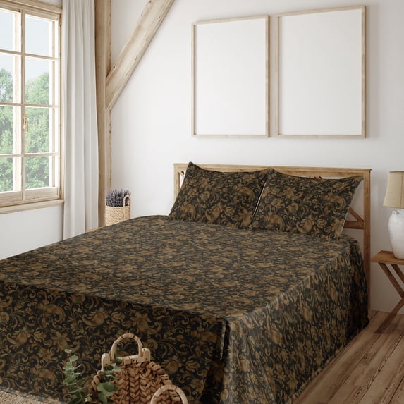 Ambesonne Paisley Themed Fitted & Flat Sheet with Shams 4 Pcs Set, Boho Damask Grunge, Full, Charcoal Grey and Dark Khaki