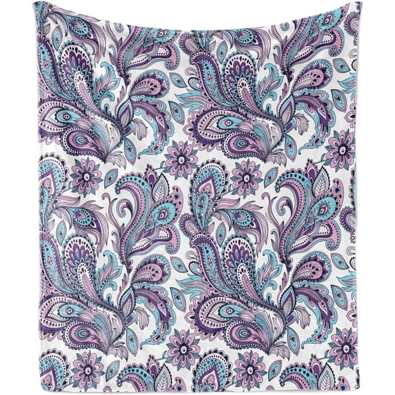 Paisley Throw Blanket, Blue and Purple Flowers Leaves Floral Pattern Bohemian Style Country Print, Flannel Fleece Accent Piece Soft Couch Cover for Adults, , Purple Blue Purple Blue