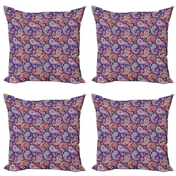 Ambesonne Paisley Throw Pillow Cover 4 Pack, Retro Hippie Motives, 18", Purple
