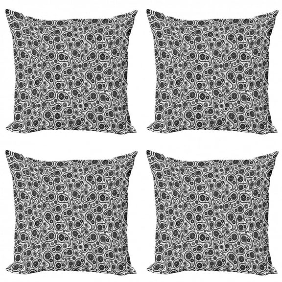 Ambesonne Paisley Throw Pillow Cover 4 Pack, Floral Retro Circles, 24", Black and White