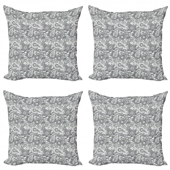 Ambesonne Paisley Throw Pillow Cover 4 Pack, Digital Persian Leaf, 16", Grey and White