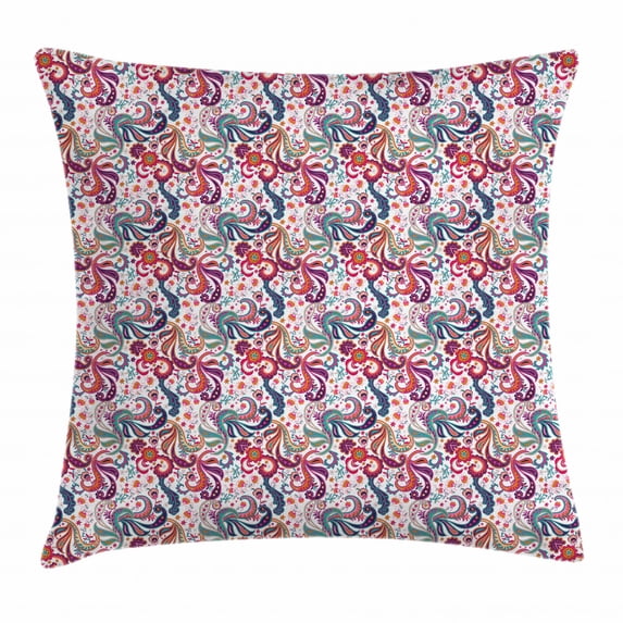Paisley Throw Pillow Cushion Cover, Asian Florals Lively Colored Petals and Hibiscus Cultural Souvenir Traditional Art, Decorative Square Accent Pillow Case, 18 X 18 Inches, Multicolor, by Ambesonne