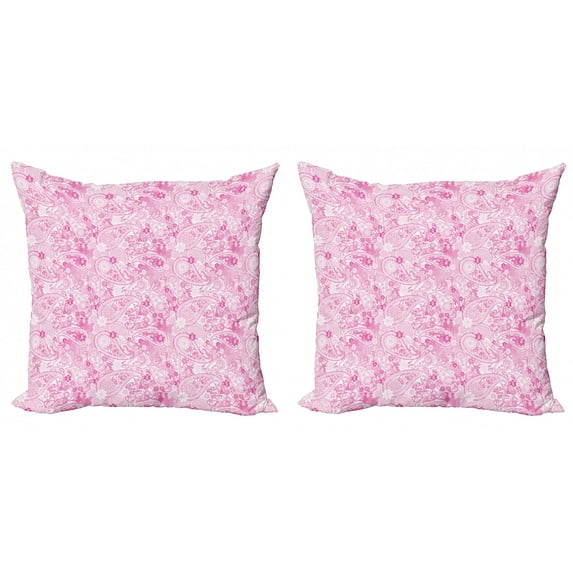 Ambesonne East Throw Pillow Cover 2 Pack, Paisley Leaves, 18", Pink and White