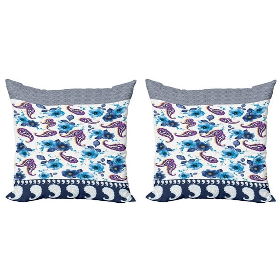Ambesonne Paisley Throw Pillow Cover 2 Pack, Watercolor Vintage Flora, 16", Azure Blue Multicolor
