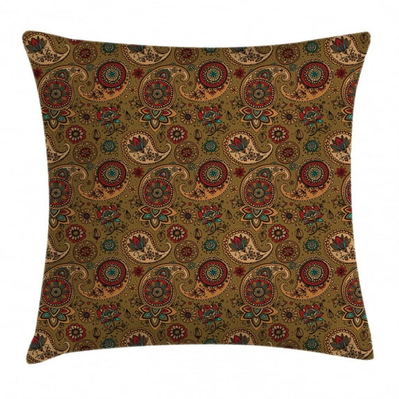 Paisley Throw Pillow Cushion Cover, Vintage Leaf Embellish Authentic Flower Motif in Earth Tones Print, Decorative Square Accent Pillow Case, 16 X 16 Inches, Light Coffe and Sand Brown, by Ambesonne