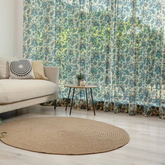 Paisley Tulle Curtains with Rod Pocket, Colorful Vintage Floral Teardrop Oriental Paisley Retro Design, Sheer Drape for Wedding Party 2 Panels, 7 Sizes, Yellow Blue Cream, by Ambesonne