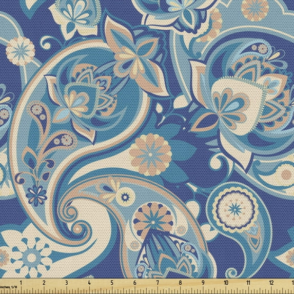 Ambesonne Paisley Fabric by the Yard Upholstery, Inspired Persian, 1 Yard, Teal Navy and Tan