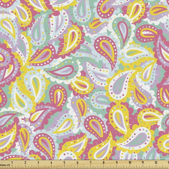 Paisley Upholstery Fabric by the Yard, Repetitive Colorful Ornament Pattern Ethnic Art Illustration, Decorative Fabric for DIY and Home Accents, Mint Green Mustard by Ambesonne