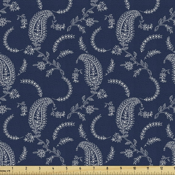 Ambesonne Paisley Fabric by the Yard Upholstery, Vintage Flower Elements, 10 Yards, Dark Violet Blue and White