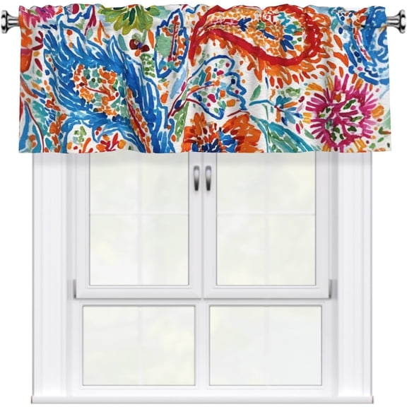 Paisley Valances for Windows - Blue Orange Kitchen Valance 1 Panel Decorative Window Valance Colorful Boho Light Filtering Rod Pocket Drapery for Bedroom, 54 x 18 Inches