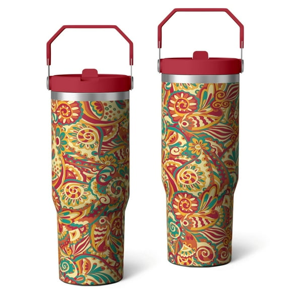 Paisley Vintage Bohemian Stainless Steel Tumbler with Handle, Lid and Straw, 30 oz Vacuum Insulated Travel Coffee Mug, Leak-Resistant Hot & Cold Cup for Travel, Commuting, Gifts for Women Men
