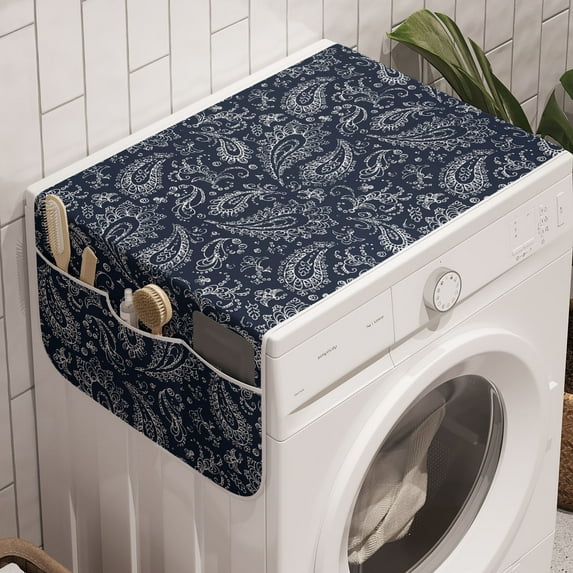 Paisley Washing Machine Organizer, Vintage Ornament Bohemian Motifs with Grunge Look Hand Drawn Style Pattern, Anti-slip Fabric Top Cover for Washer and Dryer, Dark Blue and White, by Ambesonne