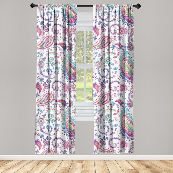 Paisley Window Curtains, Modern Spring Colors Oriental Floral Boho Motifs Trippy Concept Print, Lightweight Decor 2-Panel Set with Rod Pocket, Pair of - 28"x84", Magenta Sea Blue Mustard, by Ambesonne