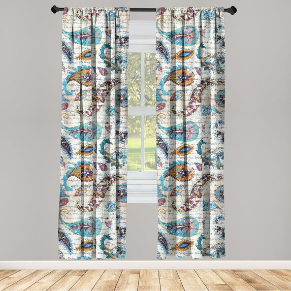 Paisley Window Curtains, Romance Themed Letter Background and Oriental Vibes Floral Motifs Print, Lightweight Decor 2-Panel Set with Rod Pocket, Pair of - 28"x63", Deep Sky Blue Apricot, by Ambesonne