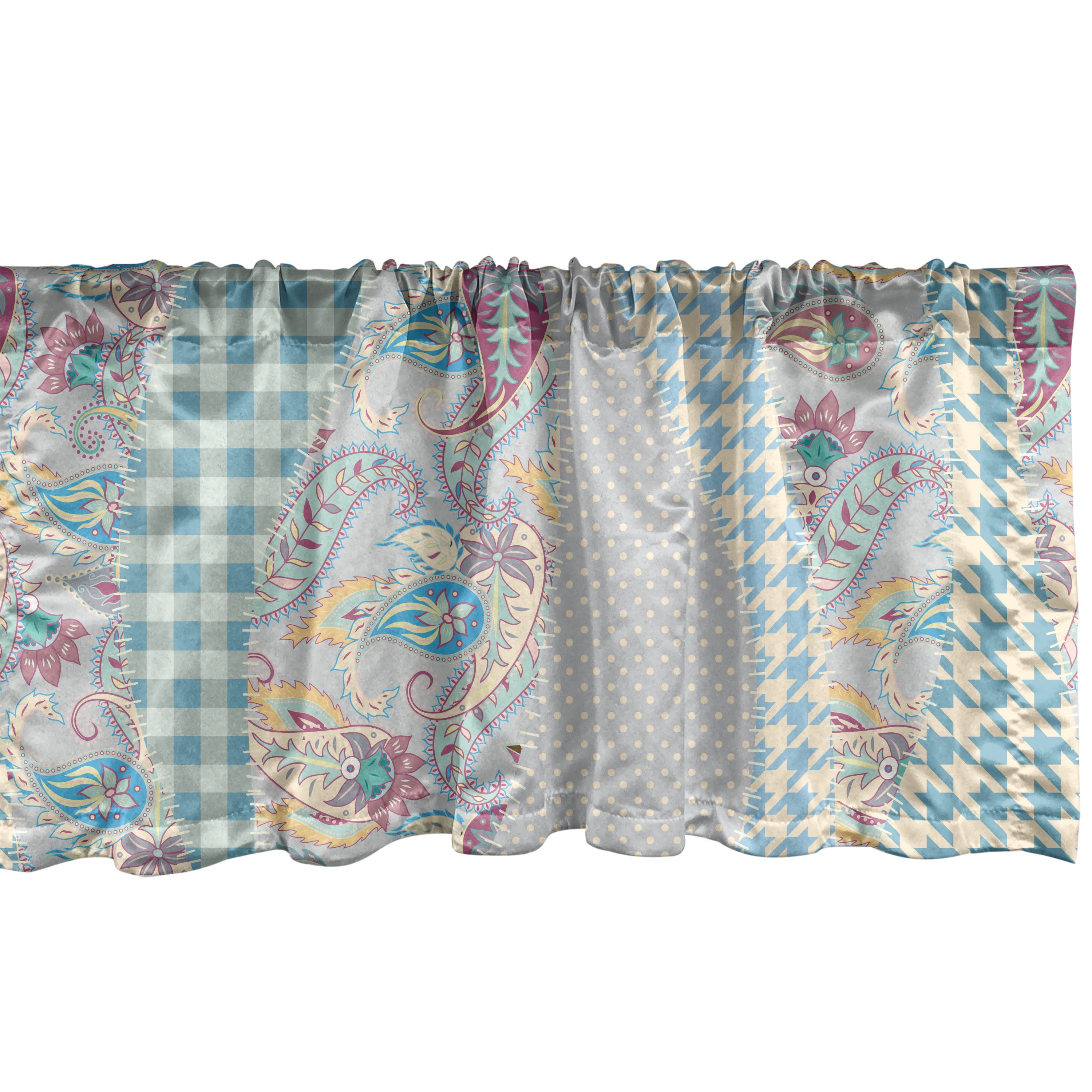 Multi Patterned Valance Paisley Window Valance, Modern Artwork of Floral Motif with Checkered ...