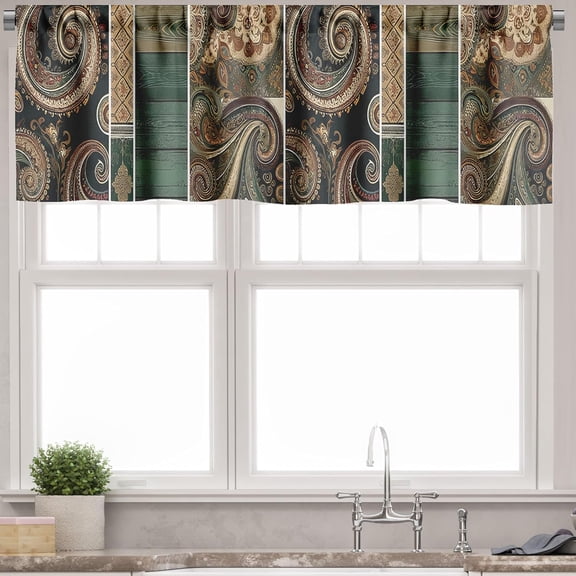 Paisley Window Valance Pack of 2, Oriental Curlicue Floral Pattern with Surreal Details Rustic Back Print, Rod Pocket Curtain Valances Kitchen Bedroom, 42" X 12",Pale Mustard Teal Maroon