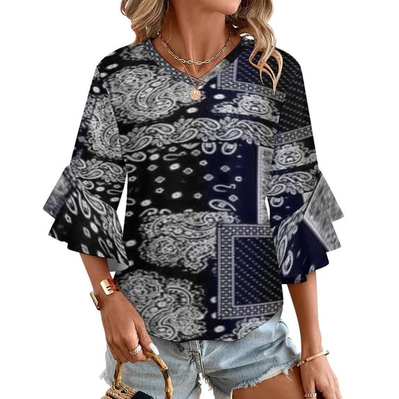 Paisley Women's V-Neck Blouse With 3/4 Ruffled Bell Sleeves Casual Top Ladies Blouses