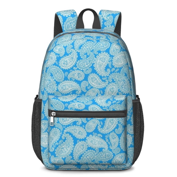 Paisley and Damask Blue Pattern 17" Waterproof Oxford School Backpacks for Teens, S-Shape Padded Straps, for School, Travel, Hiking, Camping