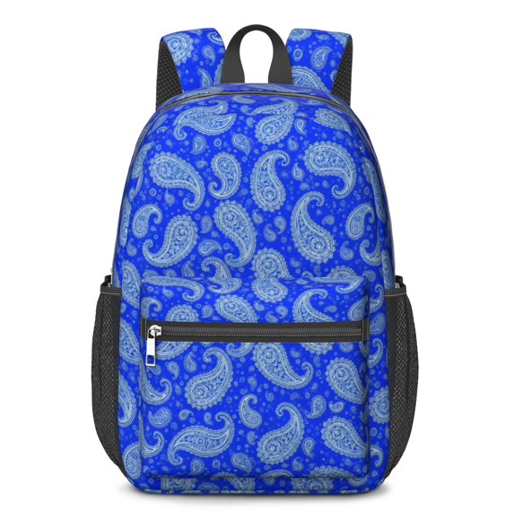 Paisley and Damask Blue Pattern 17" Waterproof Oxford School Backpacks for Teens, S-Shape Padded Straps, for School, Travel, Hiking, Camping