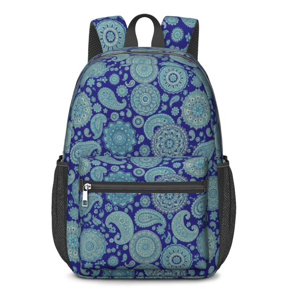 Paisley and Damask Blue Pattern 17" Waterproof Oxford School Backpacks for Teens, S-Shape Padded Straps, for School, Travel, Hiking, Camping