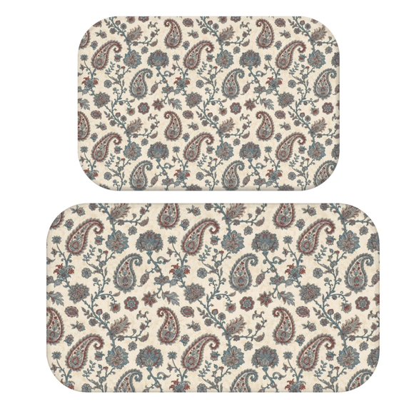 Paisley and Floral Beige Pattern Bath Mat Set Of 2,Non-Slip Rug for Bathroom,Kitchen,Bedroom,Entrance, 30x17 and 23.5x15.7 Inches