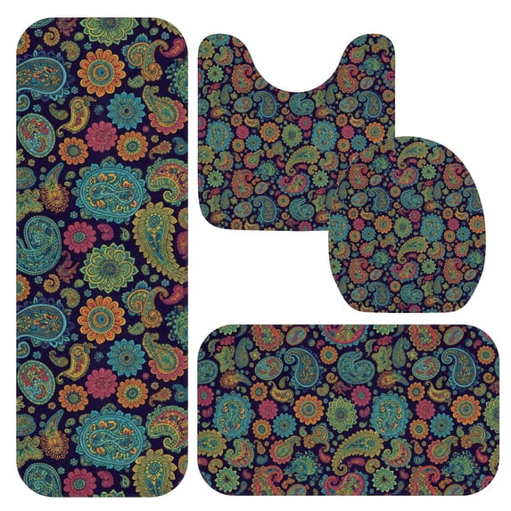Paisley and Floral Black Pattern Bathroom Rug Set 4 Piece,Includes Contour,Lid Cover,Bath Mat,Non-Slip Extra Soft Absorbent Washable
