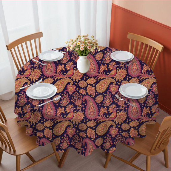 Paisley and Floral Black Pattern Round Tablecloth 70"x70", Wrinkle Resistant Wipeable Table Cover for Kitchen Dining Room Picnic Patio and Party