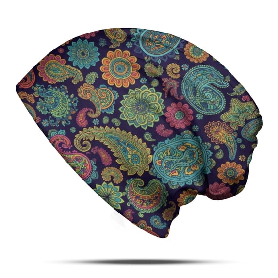 Soft Texture Images Paisley and Floral Black Pattern Slouchy Beanie Hat, Casual Daily Hat ...
