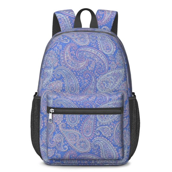Paisley and Floral Blue Pattern 17" Waterproof Oxford School Backpacks for Teens, S-Shape Padded Straps, for School, Travel, Hiking, Camping