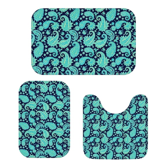Paisley and Floral Blue Pattern Bathroom Rug Set 3 Piece,Non-Slip Bath Mat Set with U-Shaped Contour and Runner Soft Absorbent Washable