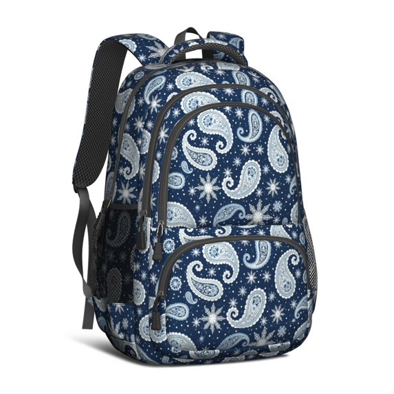Paisley and Floral Blue Pattern Cute School Backpack Bag with Padded Back and Adjustable Shoulder Straps 16.9 X 12.6 X 5.9 Inches